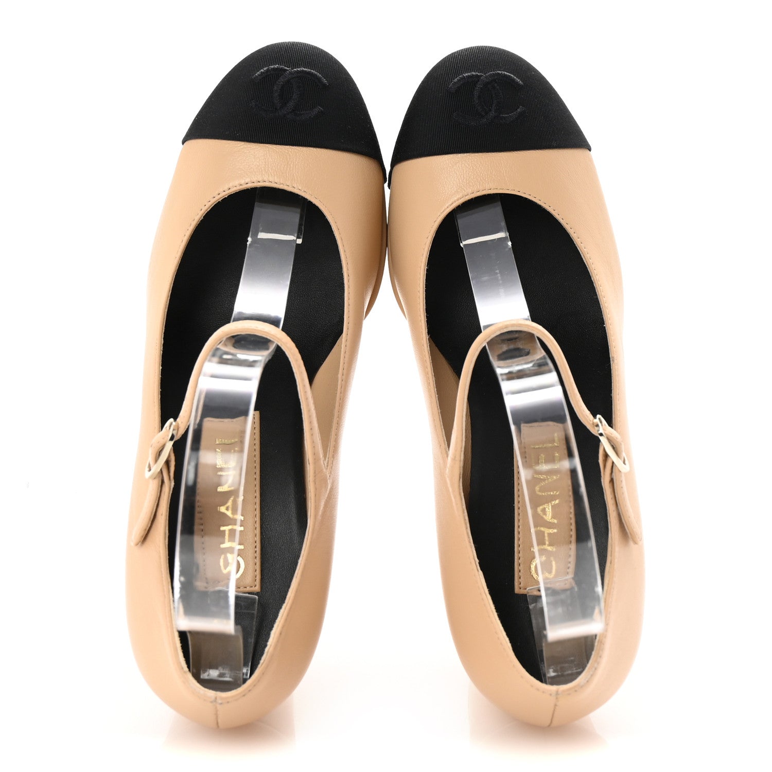 Chanel Lambskin Cap Toe CC Mary Jane Pumps 36.5 Beige Black 2 of 10