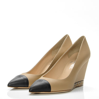 Chanel Calfskin Cap Toe Chain Wedge Pumps 39.5 Marron Clair Black 3 of 7