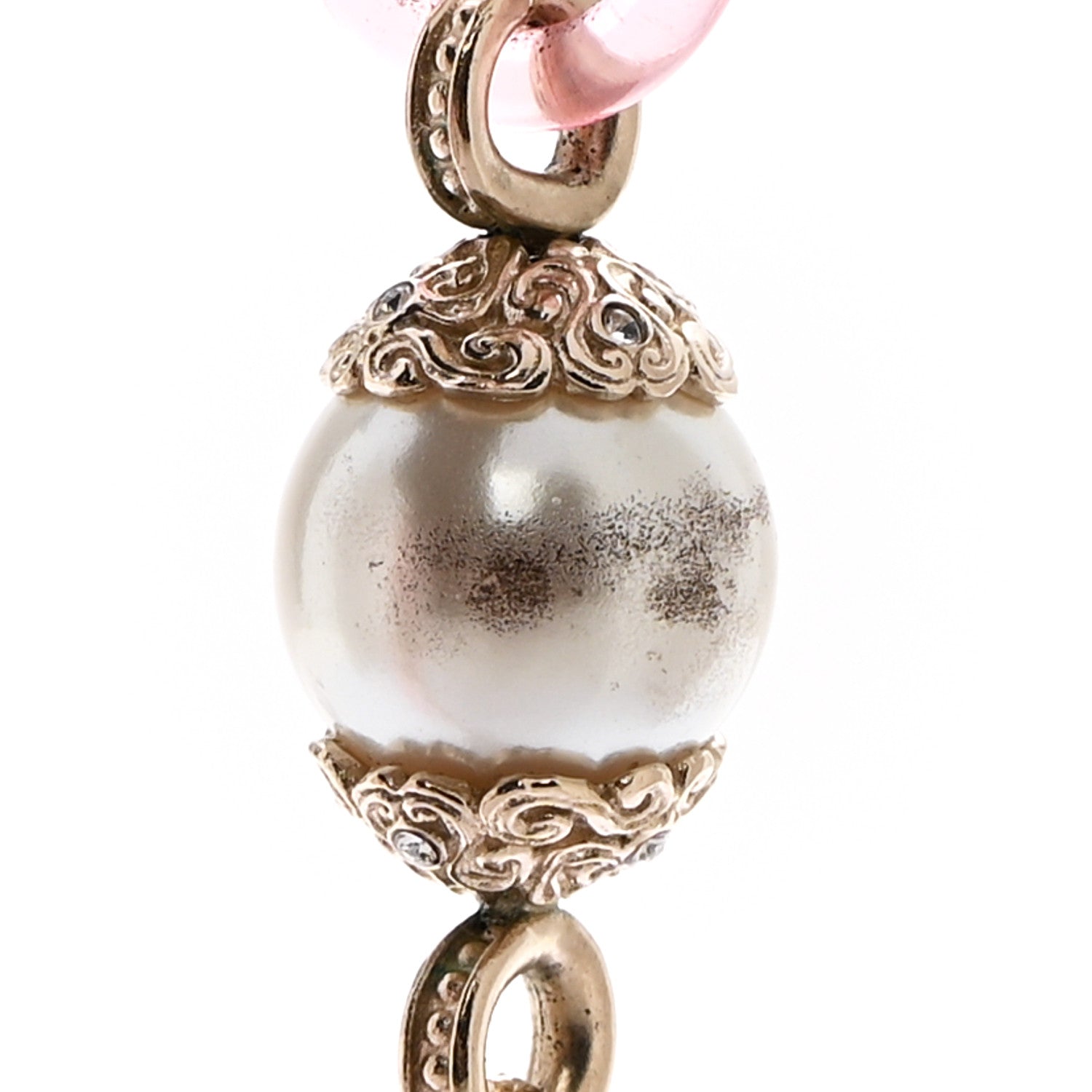 Chanel Pearl Crystal Resin CC Round Charms Necklace Gold Pink 7 of 8