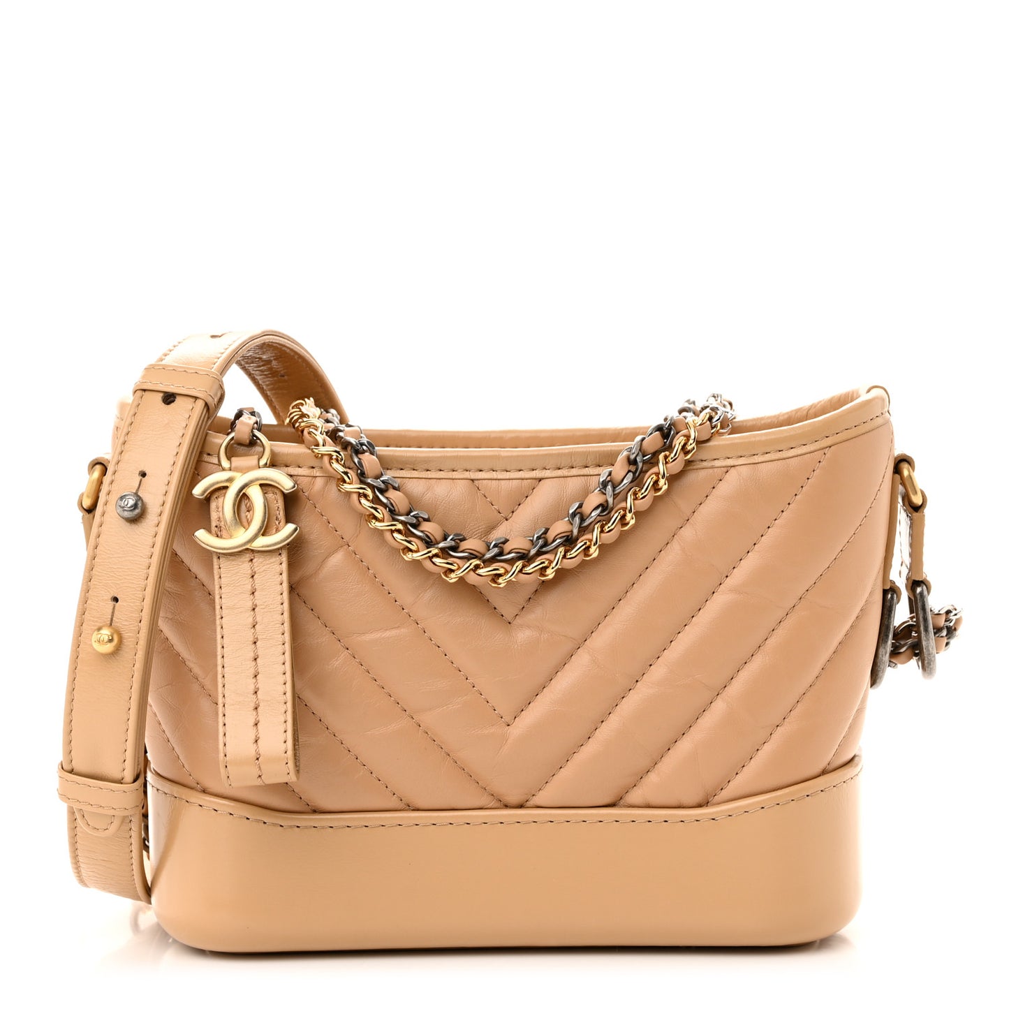 Aged Calfskin Chevron Quilted Small Gabrielle Hobo Beige