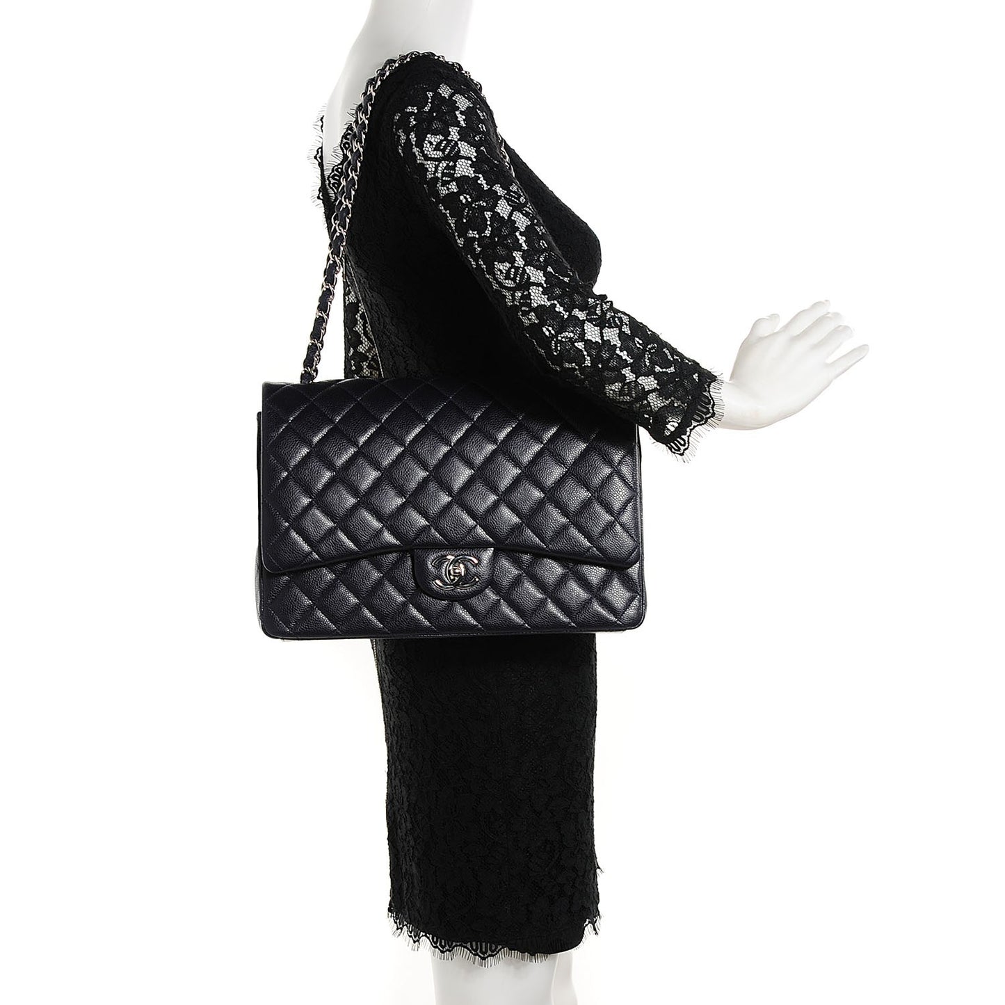 Caviar Quilted Maxi Double Flap Navy Blue