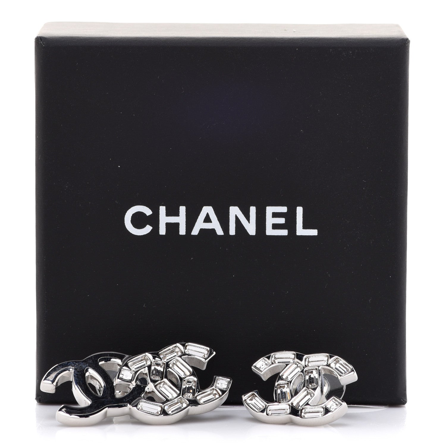 Chanel Baguette Crystal Double CC Earrings Silver 5 of 5