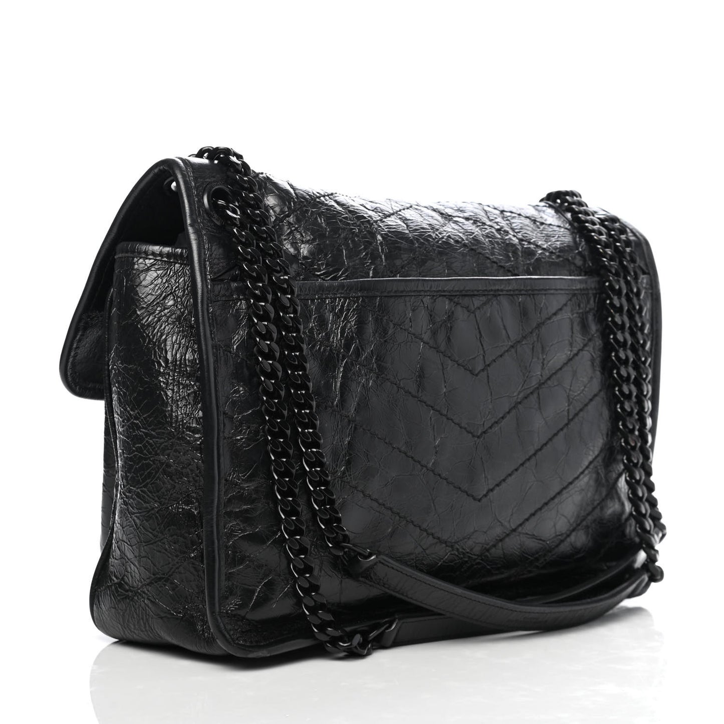 Crinkled Calfskin Matelasse Monogram Medium Niki Chain Satchel Black