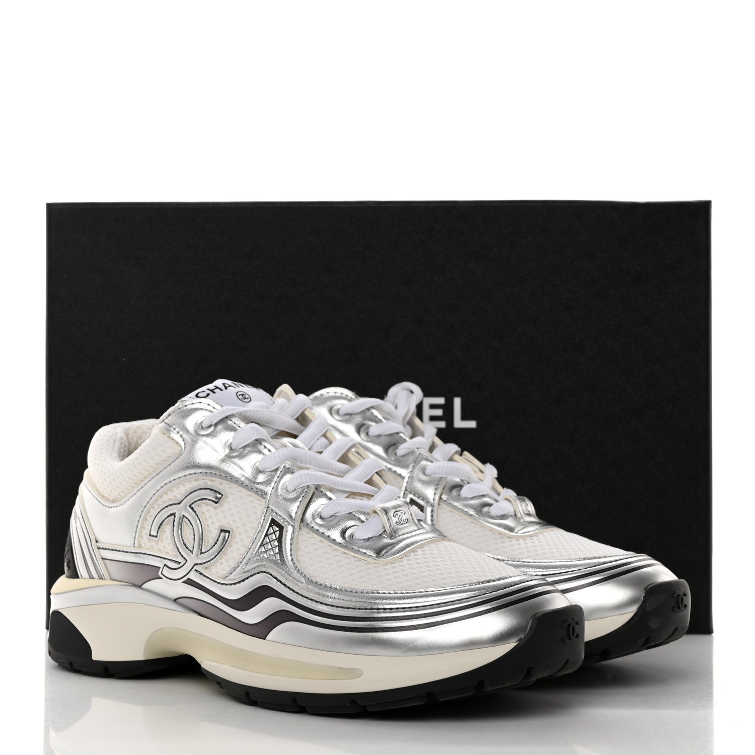 Chanel Fabric Laminated Calfskin Stretch CC Womens Sneakers 38 White Silver 9 of 9