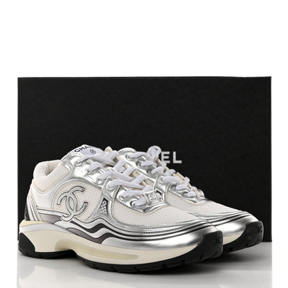 Chanel Fabric Laminated Calfskin Stretch CC Womens Sneakers 38 White Silver 9 of 9