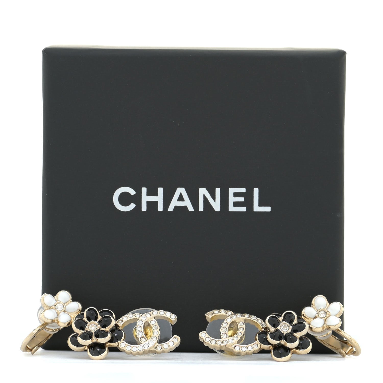 Chanel Crystal Enamel Flower CC Earrings Gold White Black 6 of 6