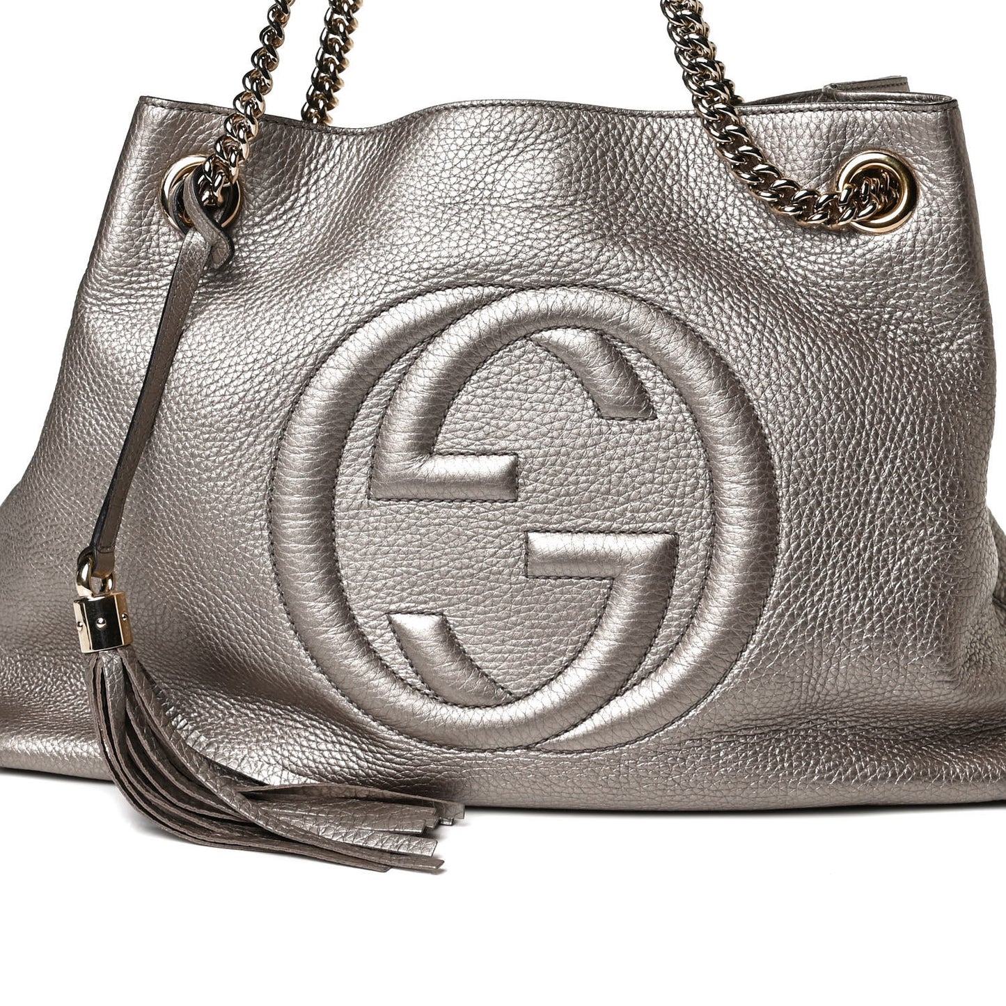 Metallic Pebbled Calfskin Medium Soho Chain Shoulder Bag Golden Beige