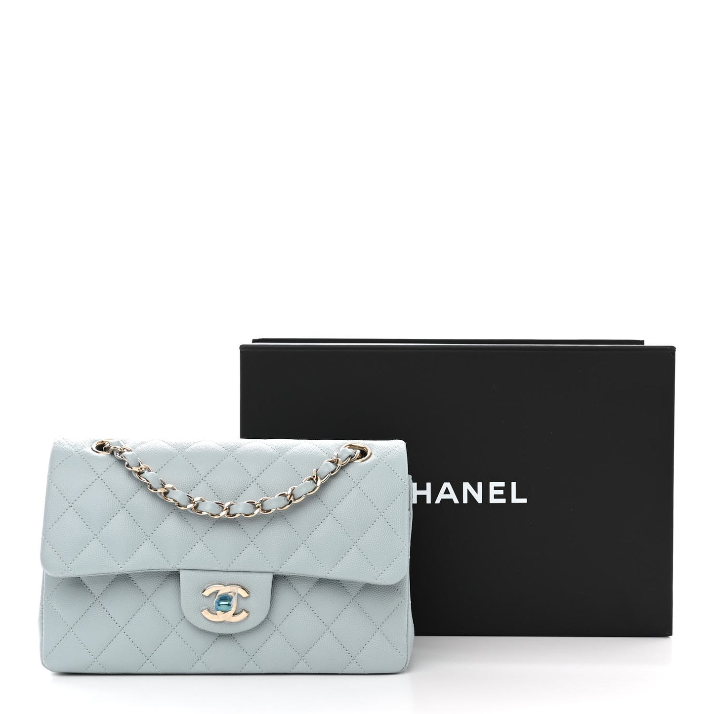 Caviar Quilted Small Double Flap Light Blue