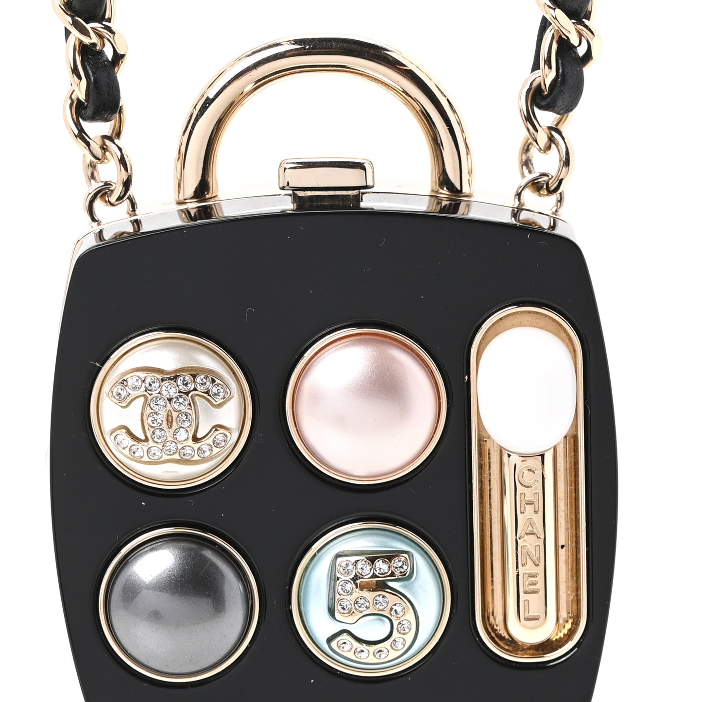 Pearl Resin Crystal Lambskin CC No 5 Eyeshadow Mirror Pendant Necklace Multicolor