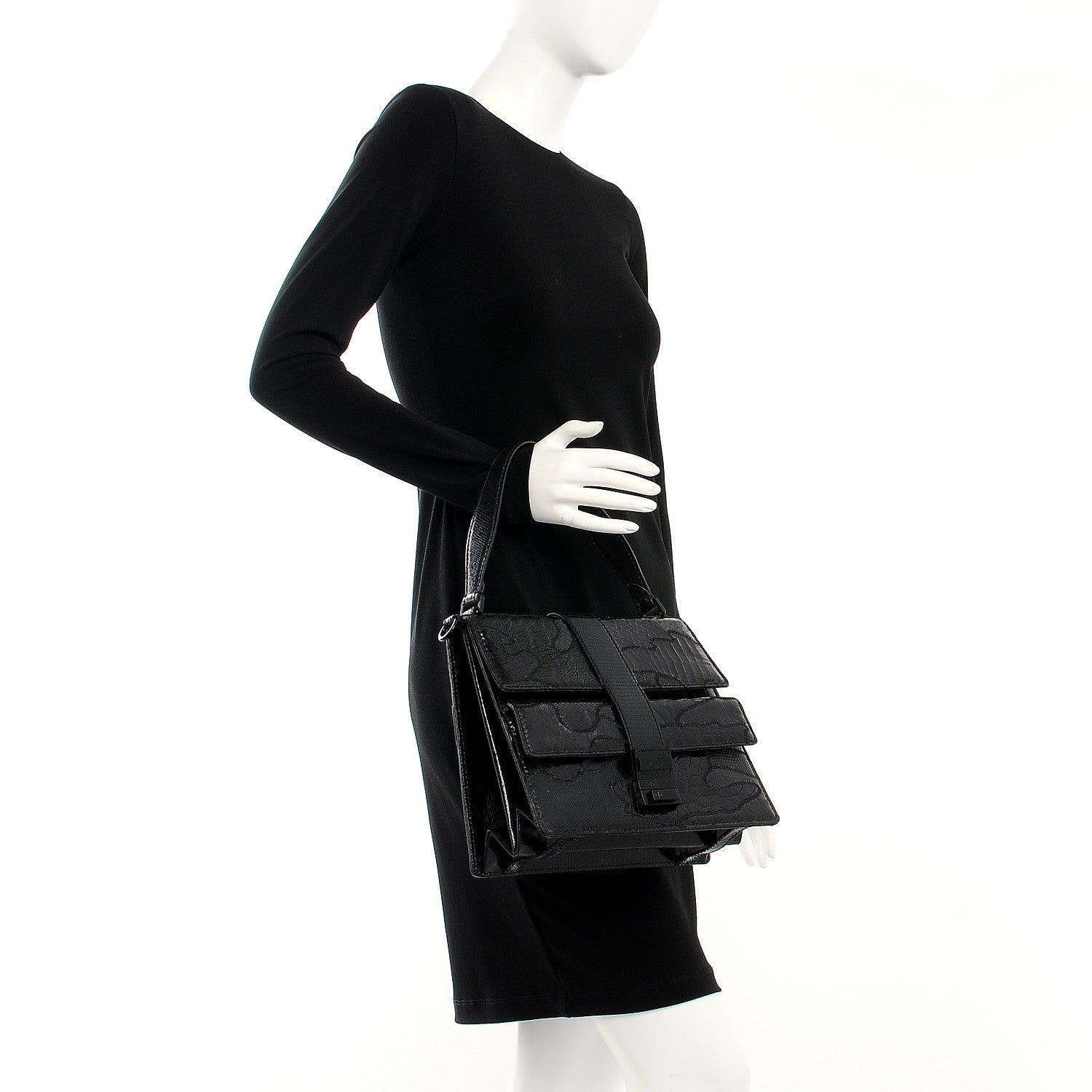 Valentino Garavani Lizard Ostrich Snakeskin Alligator Satchel Black 2 of 6