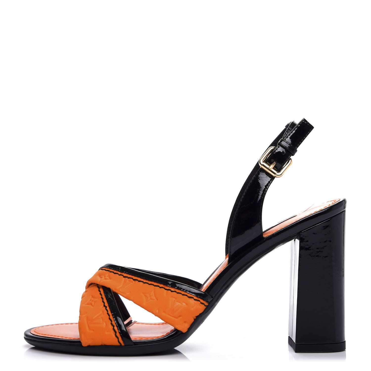 Louis Vuitton Calfskin Embossed Monogram Patent Heeled Sandals 40 Orange 1 of 9