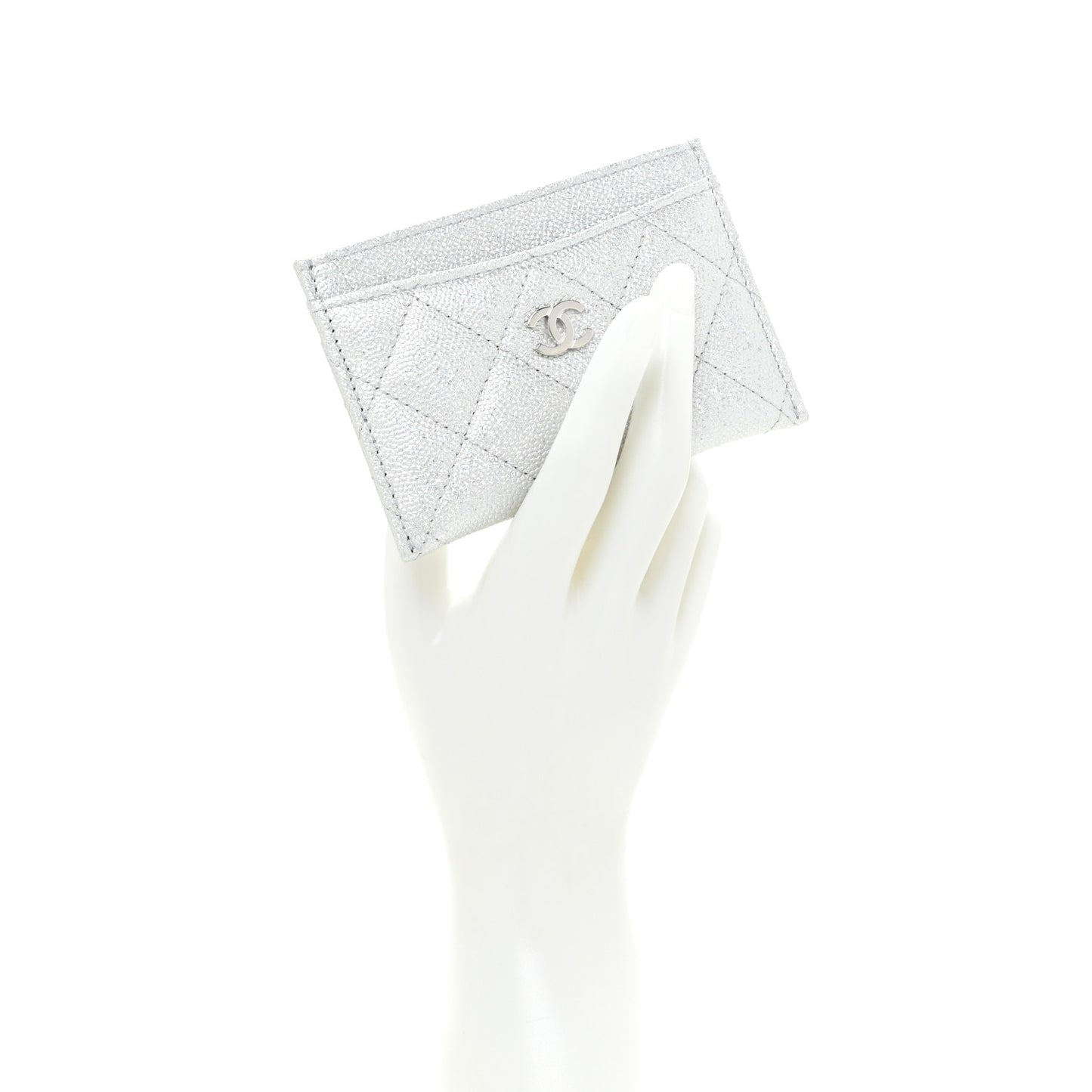 Glittered Metallic Caviar Quilted Card Holder Silver