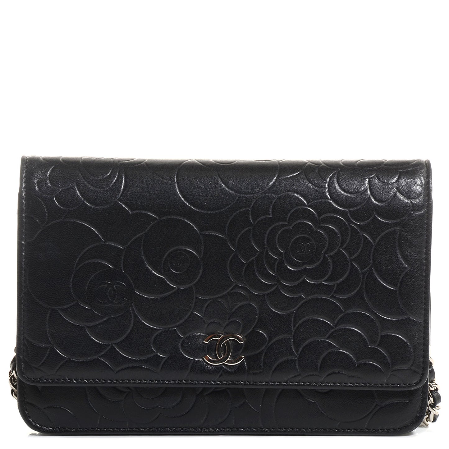 Lambskin Camellia Embossed Wallet on Chain WOC Black