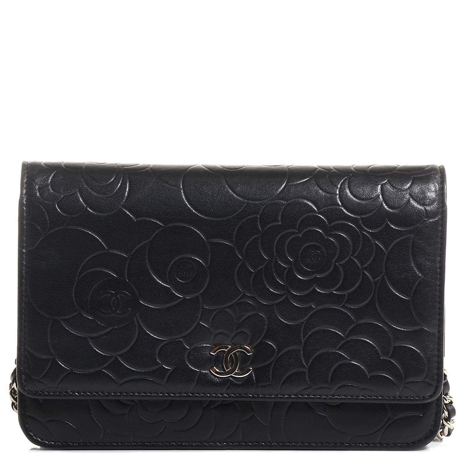 Chanel Lambskin Camellia Embossed Wallet on Chain WOC Black 1 of 7
