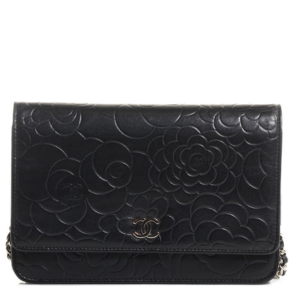 Chanel Lambskin Camellia Embossed Wallet on Chain WOC Black 1 of 7