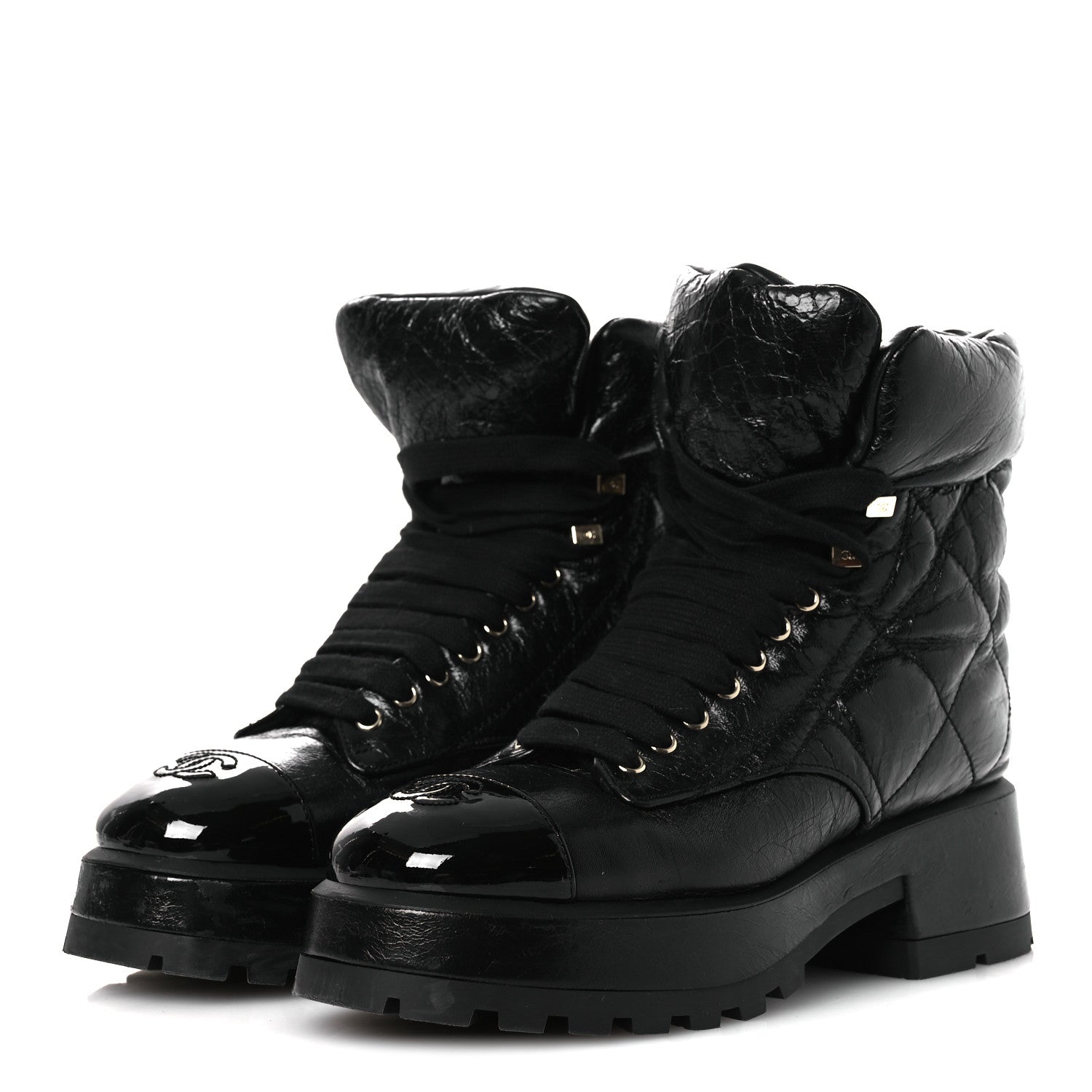 Chanel Crumpled Patent Lambskin Calfskin Quilted Lace Up Combat Boots 39 Black 4 of 11
