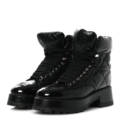 Chanel Crumpled Patent Lambskin Calfskin Quilted Lace Up Combat Boots 39 Black 4 of 11