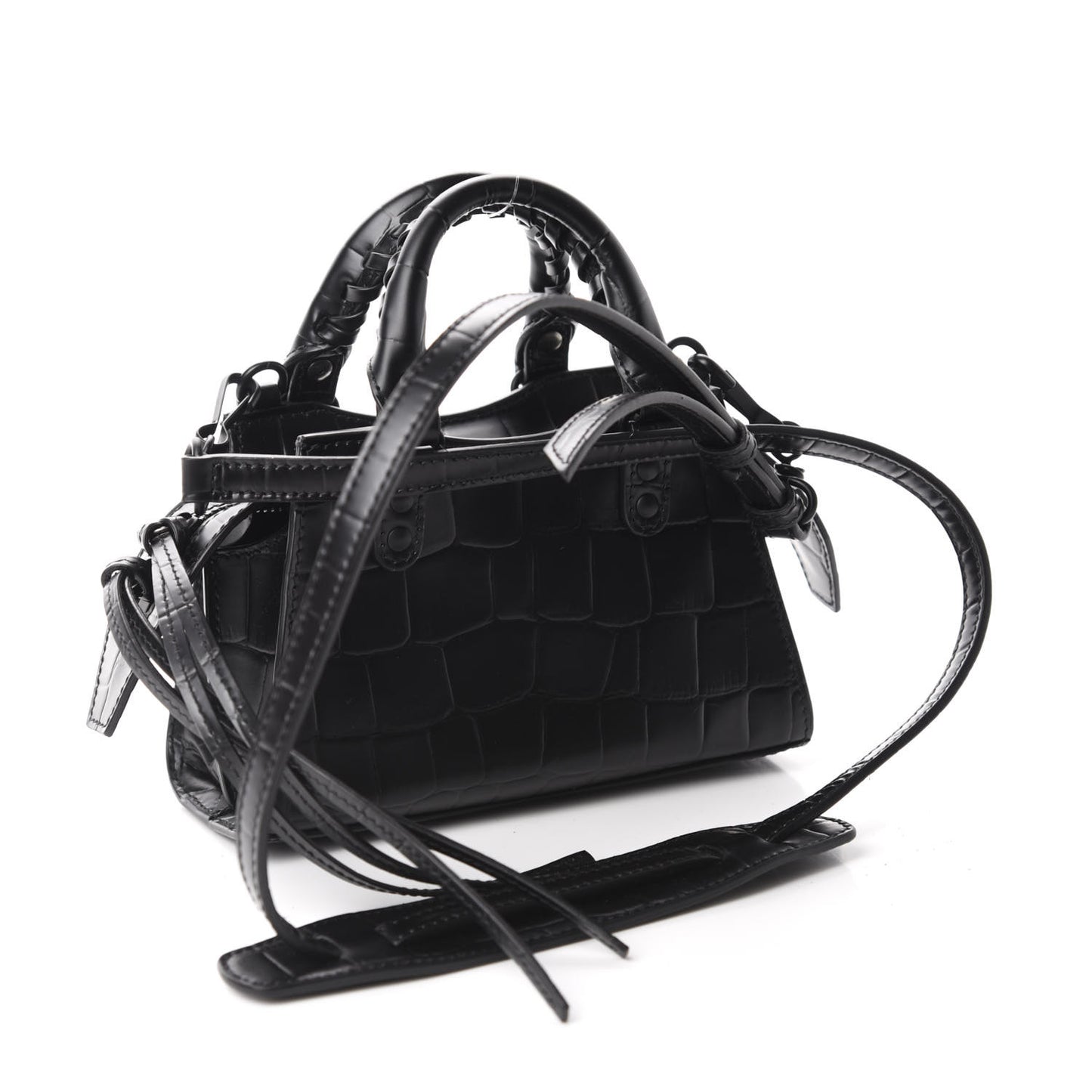 Semi Shiny Calfskin Crocodile Embossed Neo Classic Black Hardware Nano City Crossbody Black