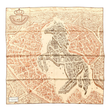 Hermes Silk Twill La Cite Cavaliere Scarf 90 Creme Camel Tabac 1 of 5