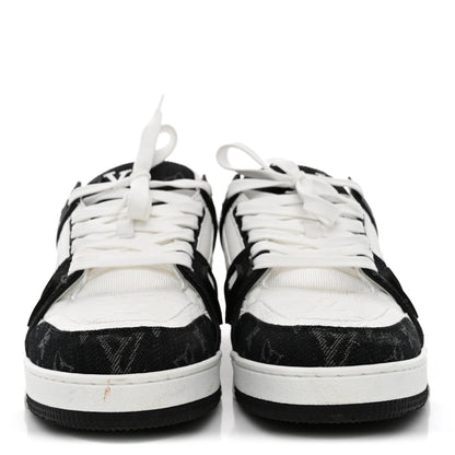 Louis Vuitton Calfskin Embossed Monogram Denim Mens LV Trainer Sneakers 10 Black 3 of 11