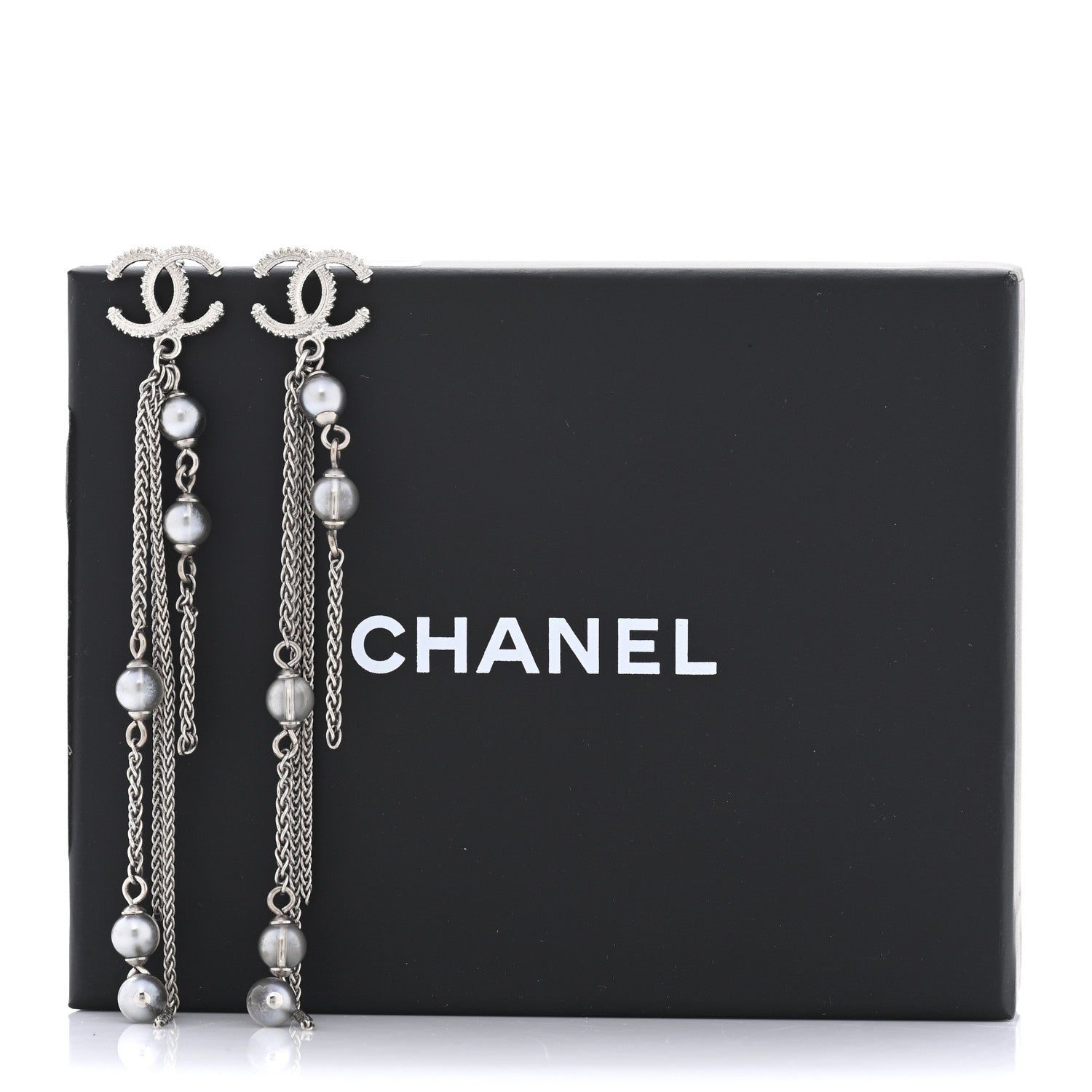 Chanel Metal Chain Pearl CC Drop Earrings Silver 5 of 5