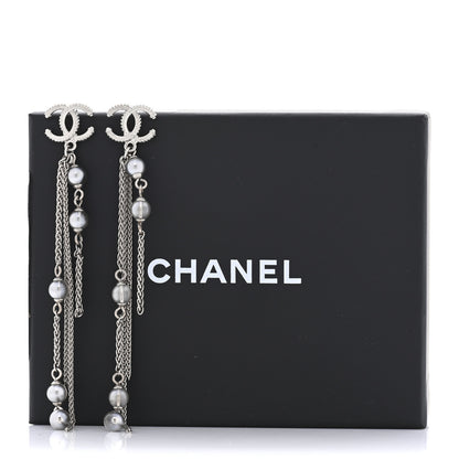 Chanel Metal Chain Pearl CC Drop Earrings Silver 5 of 5