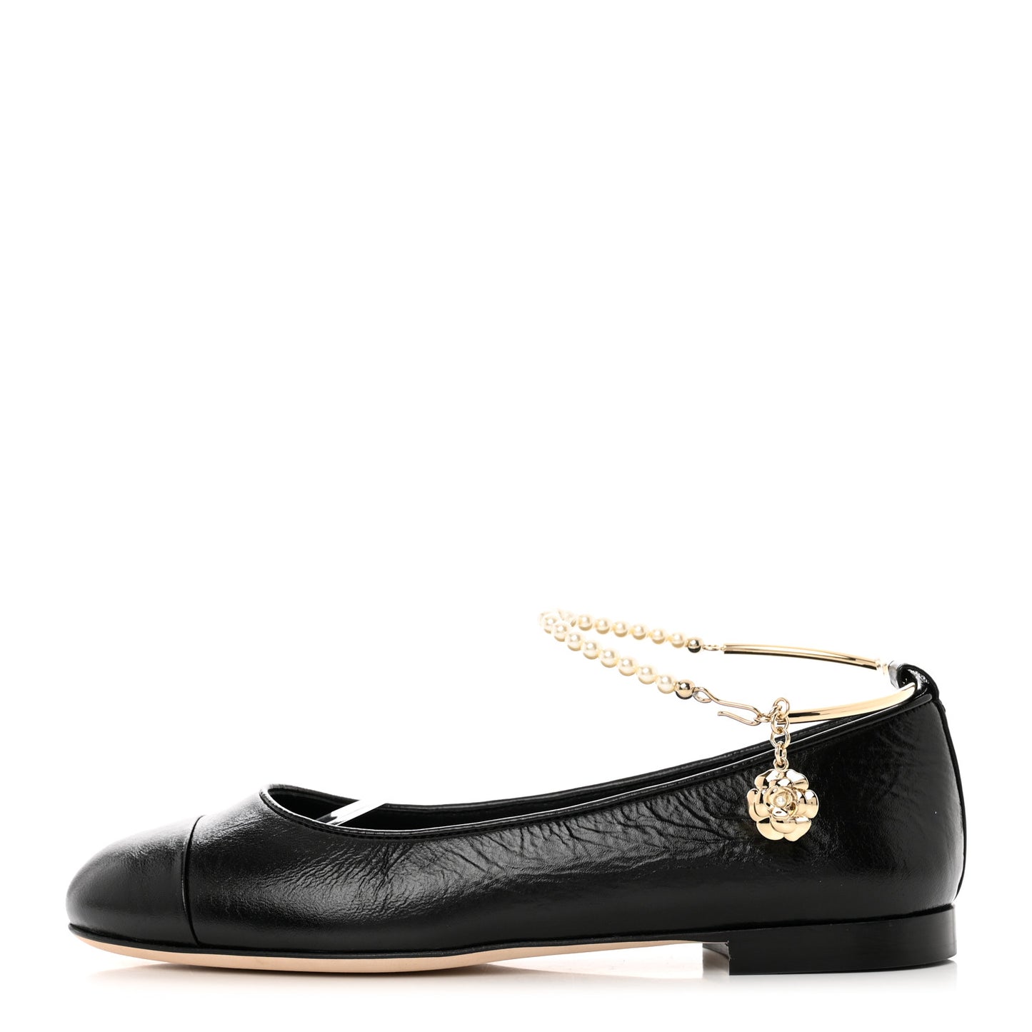 Patent Calfskin Cap Toe Ankle Chain Ballerina Flats 38 Black