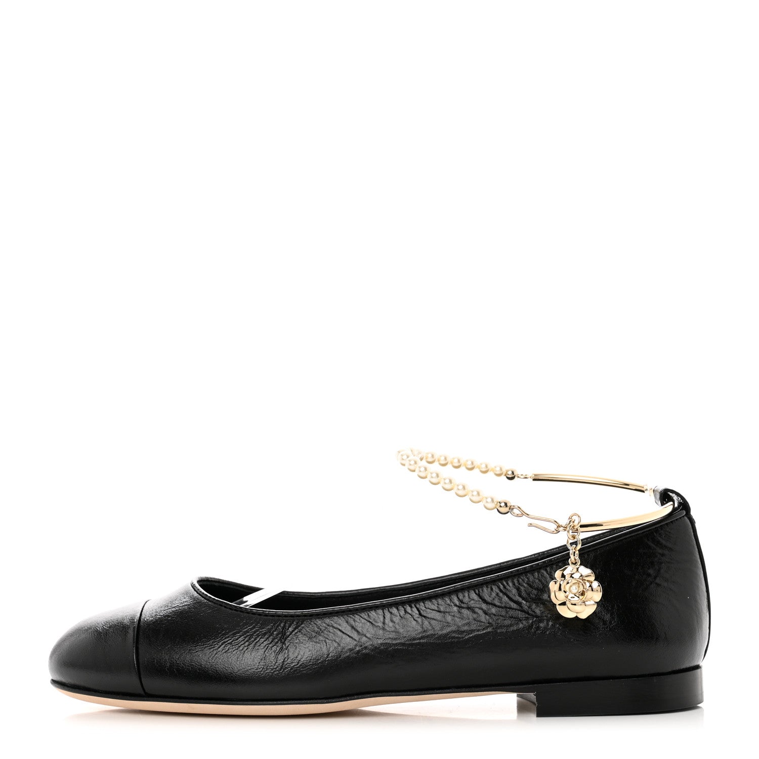 Chanel Patent Calfskin Cap Toe Ankle Chain Ballerina Flats 38 Black 1 of 9
