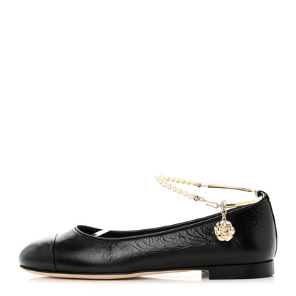 Chanel Patent Calfskin Cap Toe Ankle Chain Ballerina Flats 38 Black 1 of 9