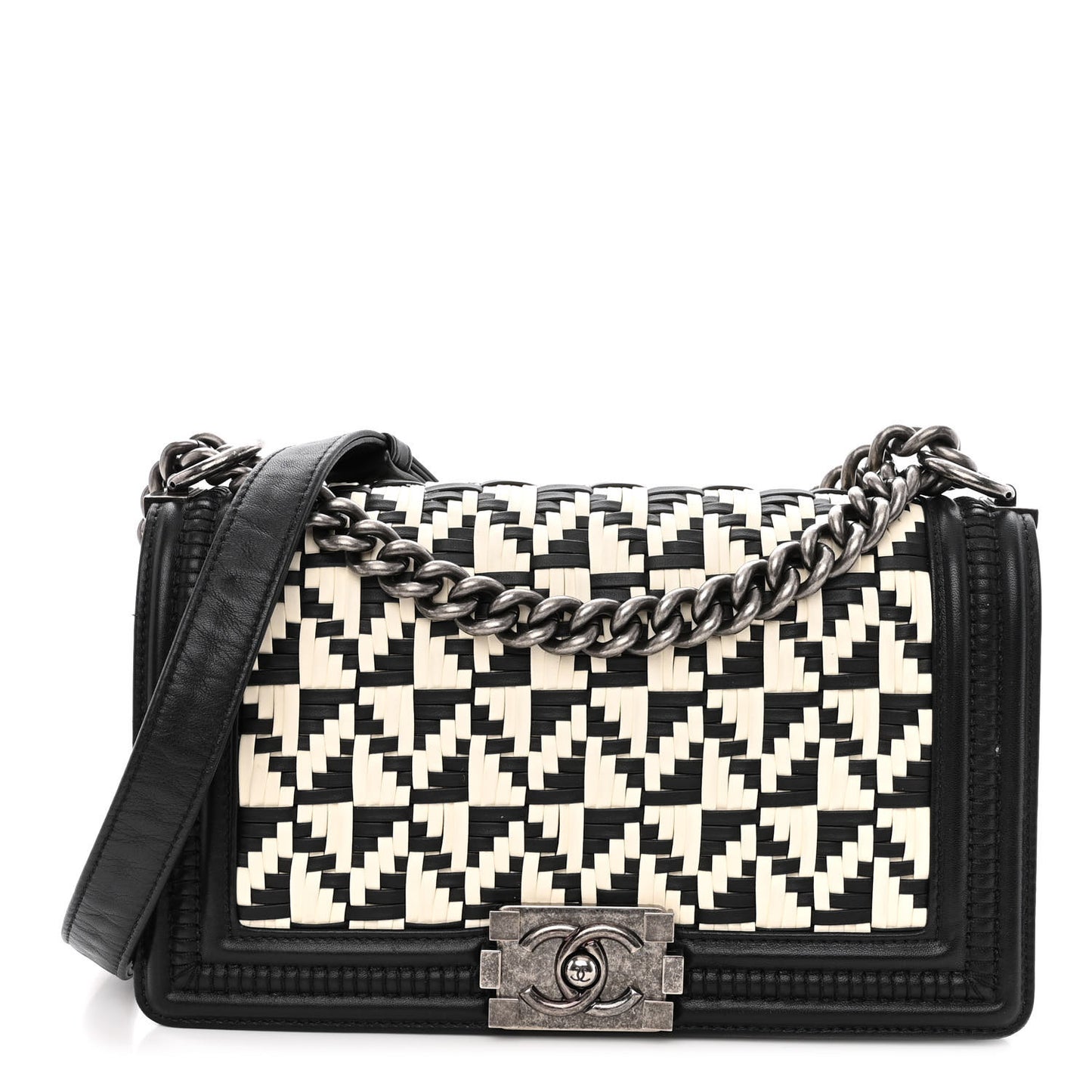 Calfskin Woven Medium Boy Flap Black White