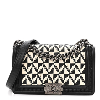 Chanel Calfskin Woven Medium Boy Flap Black White 1 of 11