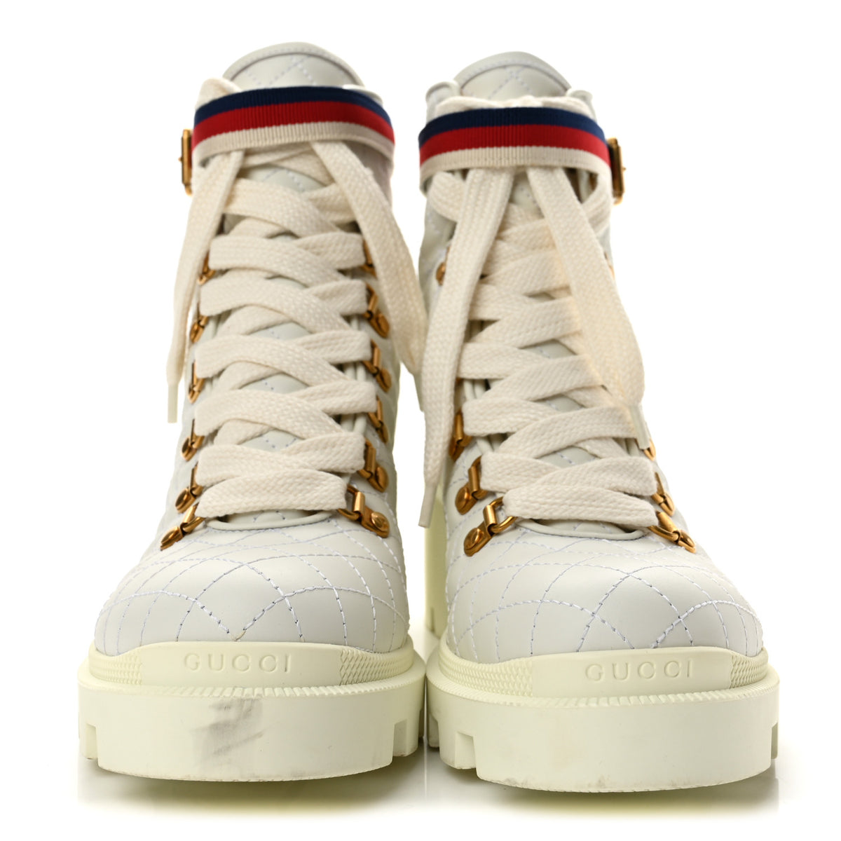 Calfskin Quilted Sylvie Web Lace Up Combat Ankle Boots 39 White