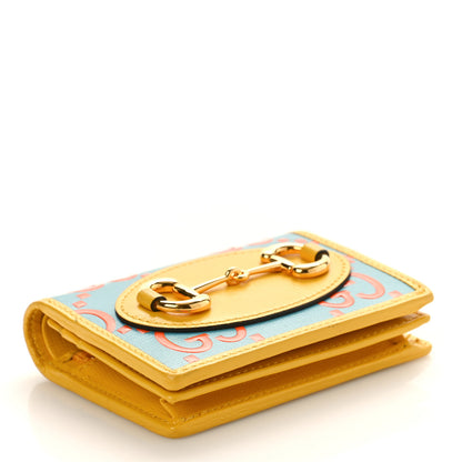 Gucci Azalea Calfskin GG Monogram Bi-Color Debossed Horsebit 1955 Card Case Wallet Dusty Azure Stone Topaz Deep Orange 4 of 8