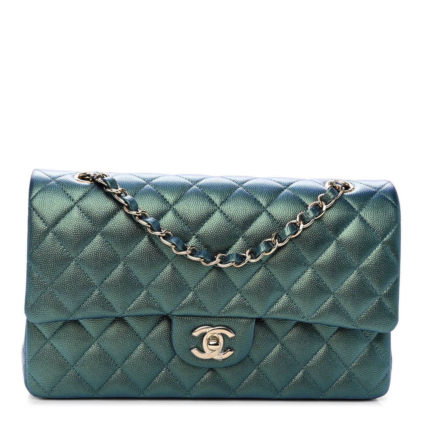 Iridescent Caviar Quilted Medium Double Flap Green