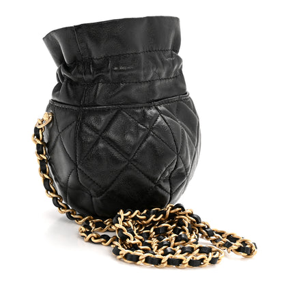Chanel Shiny Lambskin Quilted Mini Drawstring CC Bucket Bag Black 3 of 11