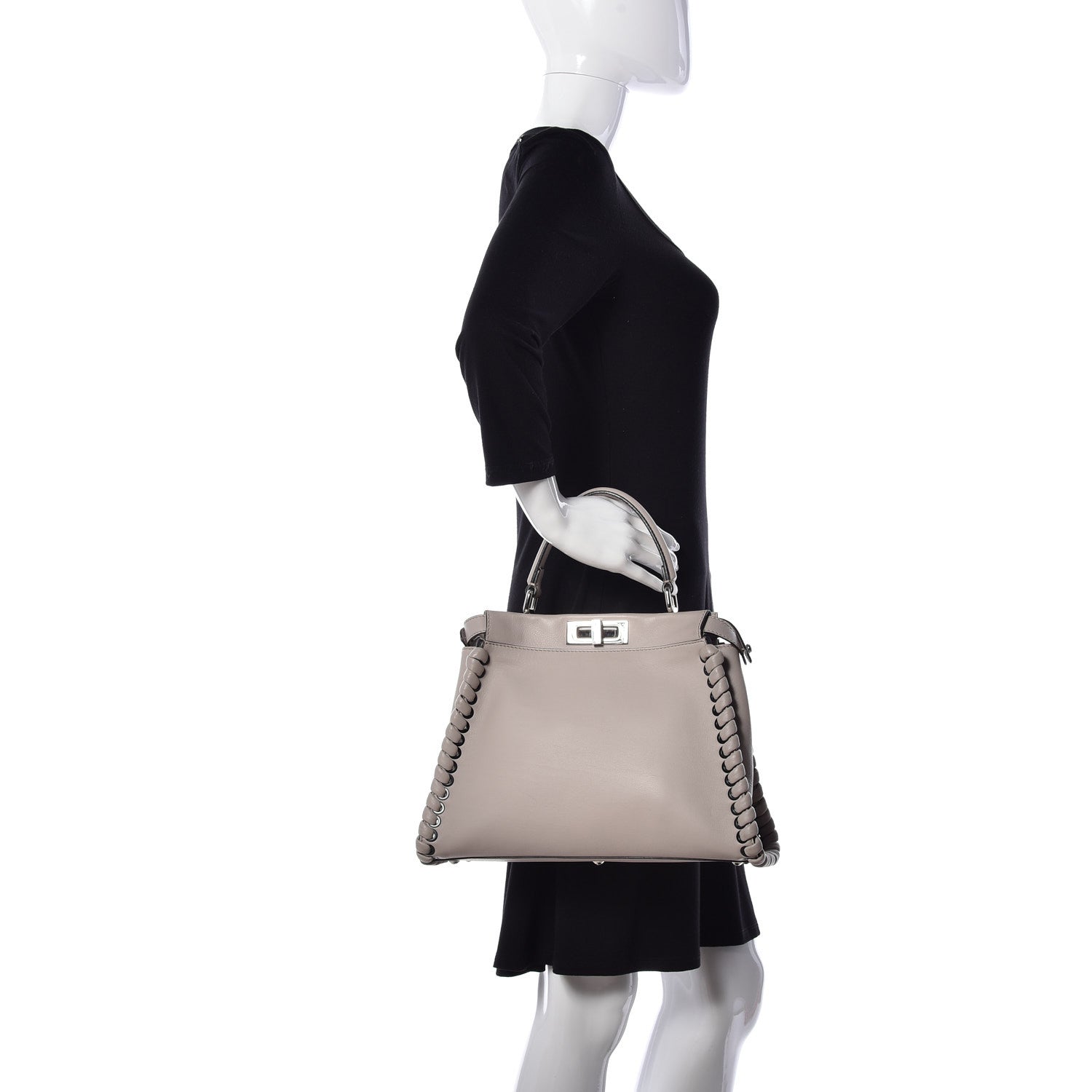 Fendi Vitello Seta Lace Up Medium Peekaboo Iconic Satchel Grigio Polvere 3 of 9