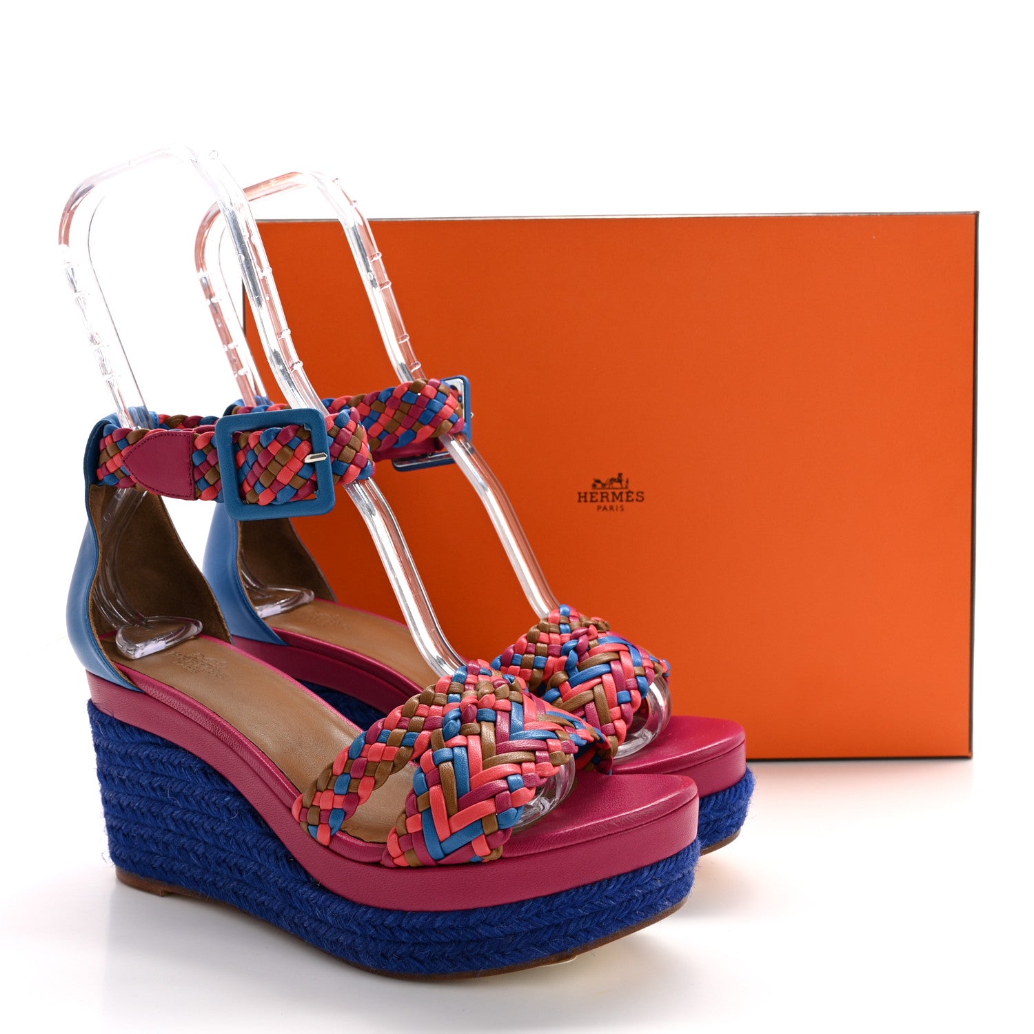 Hermes Braided Nappa Ines Espadrille Wedge Sandals 37 Corail Multicolor 10 of 10