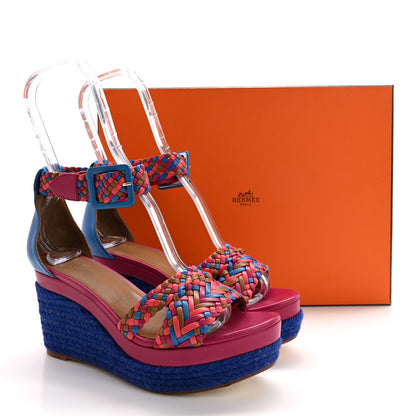 Hermes Braided Nappa Ines Espadrille Wedge Sandals 37 Corail Multicolor 10 of 10