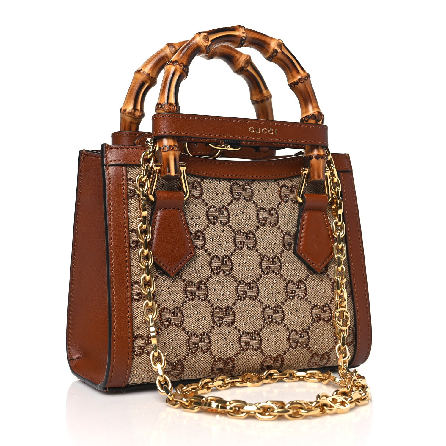 Gucci New Canvas Charisma Calfskin Crystal GG Monogram Mini Diana Tote Bag Camel Ebony 3 of 10