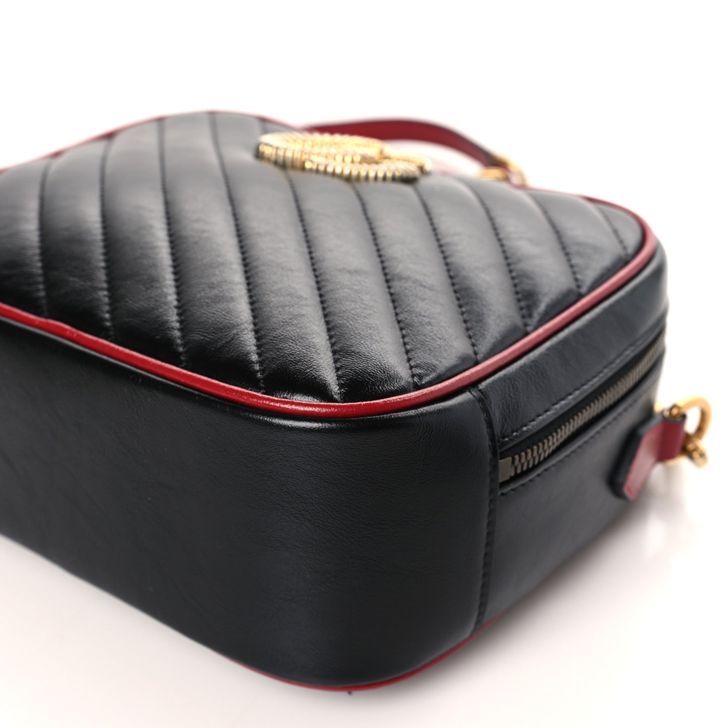 Vintage Effect Calfskin Matelasse Diagonal Small Torchon GG Marmont Bamboo Top Handle Shoulder Bag Black Romantic Cherry