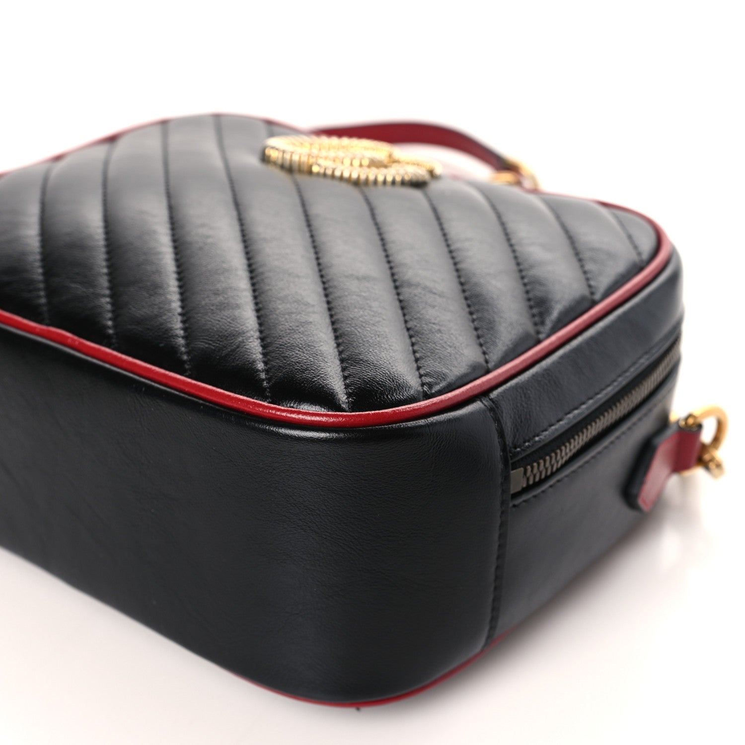 Gucci Vintage Effect Calfskin Matelasse Diagonal Small Torchon GG Marmont Bamboo Top Handle Shoulder Bag Black Romantic Cherry 9 of 9