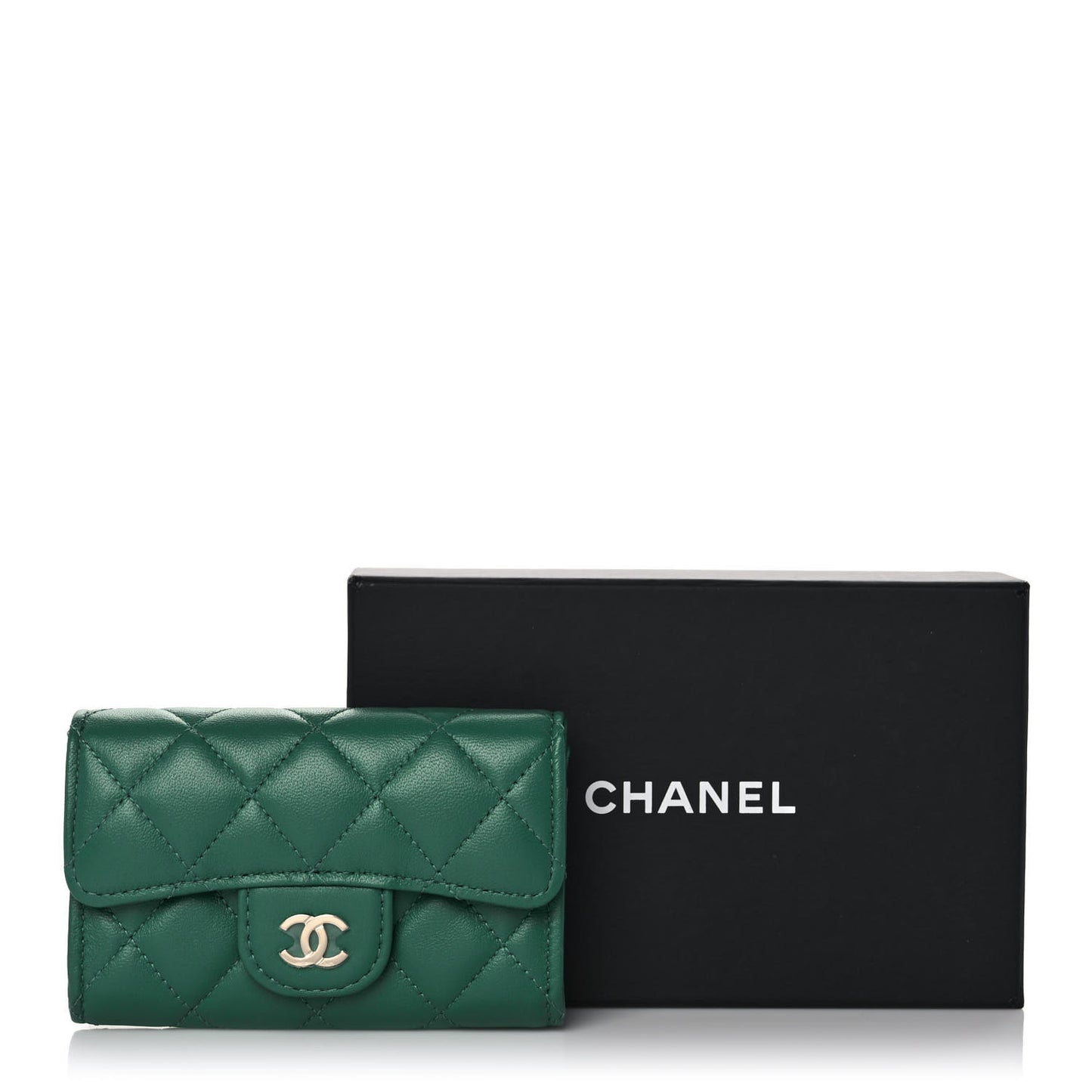Lambskin Quilted Flap Card Holder Wallet Green
