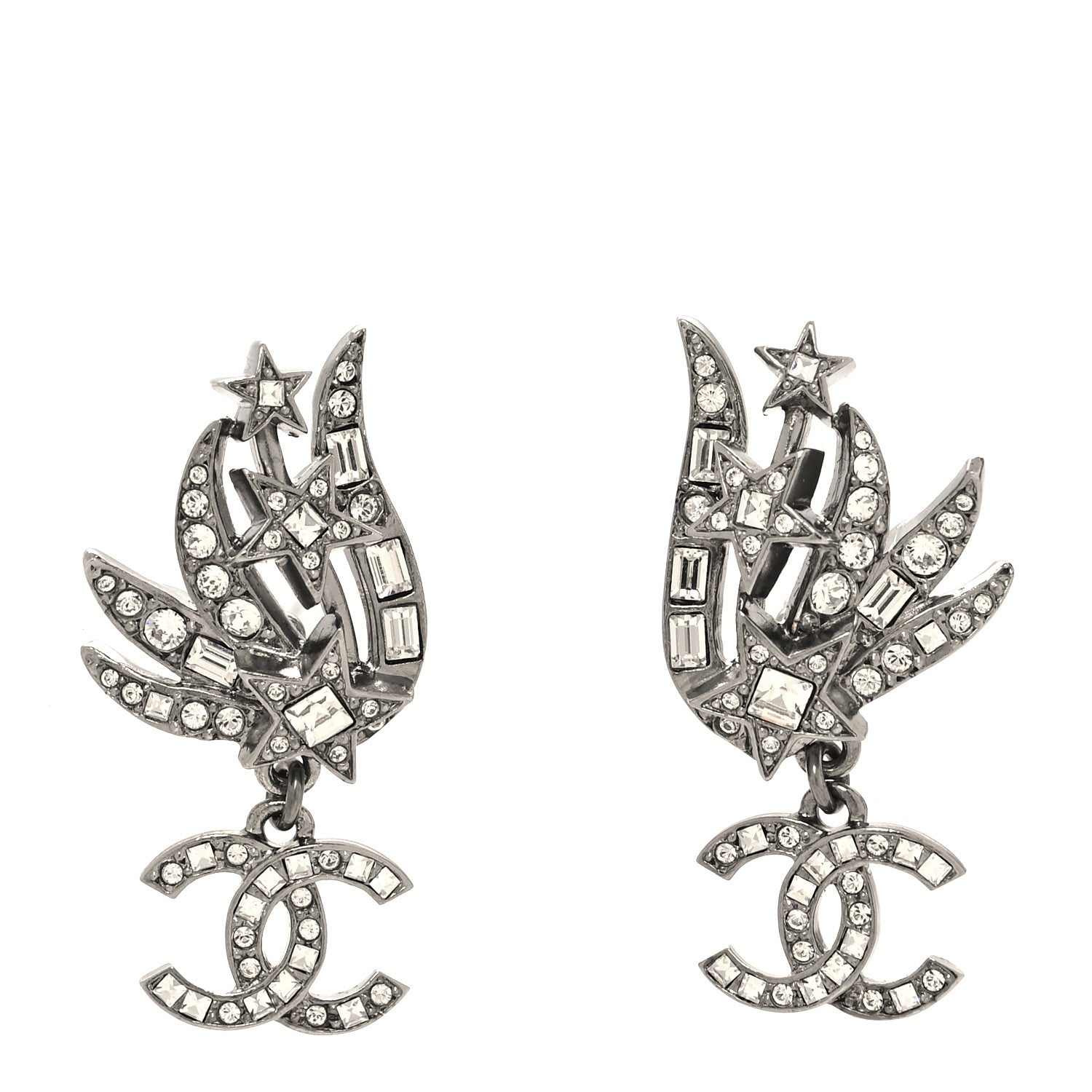 Chanel Crystal Baguette CC Wing Star Earrings Silver 1 of 4