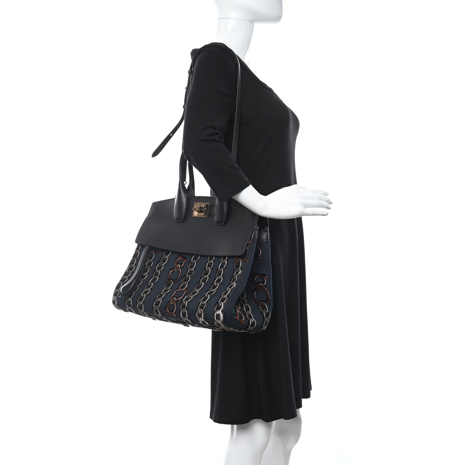Salvatore Ferragamo Embroidered Canvas Calfskin The Studio Bag Navy Black 2 of 9