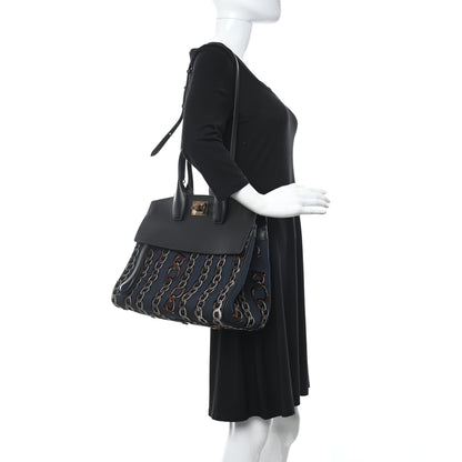 Salvatore Ferragamo Embroidered Canvas Calfskin The Studio Bag Navy Black 2 of 9