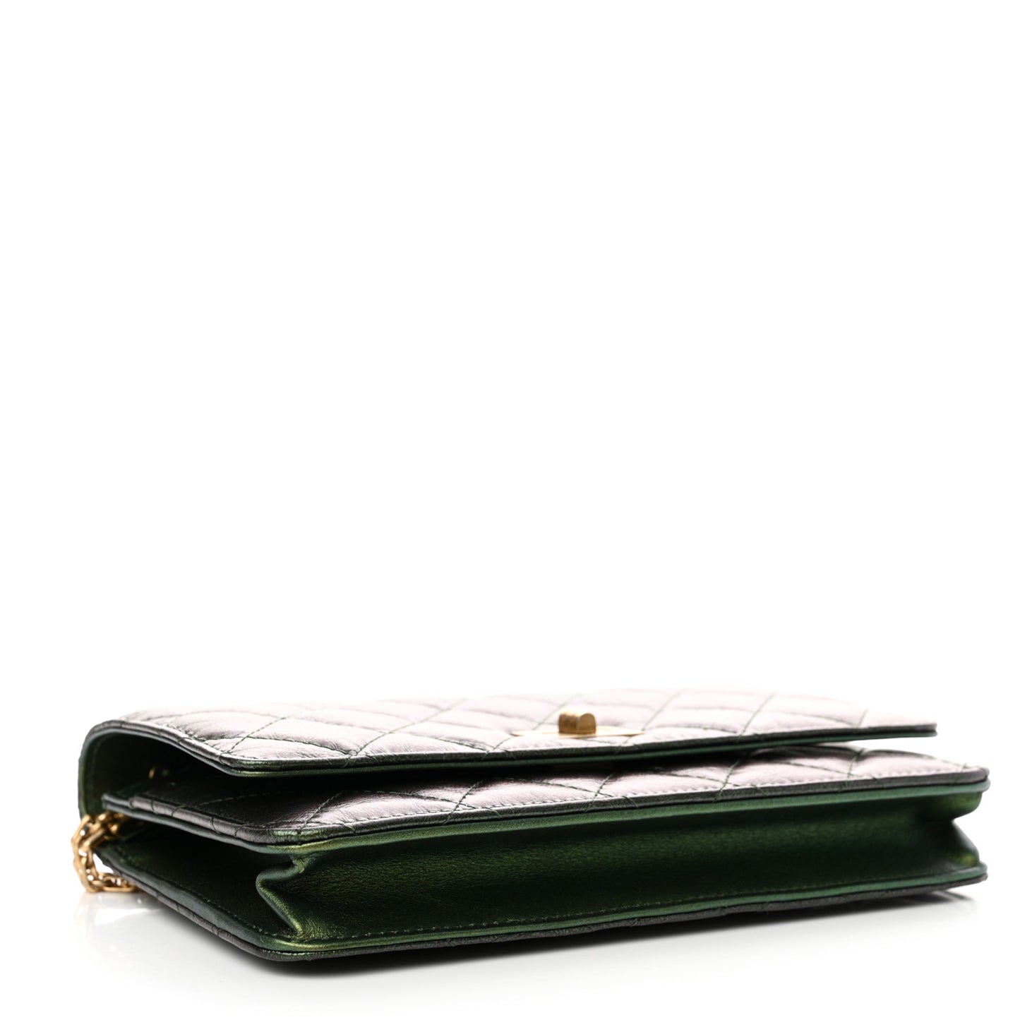 Metallic Aged Calfskin Quilted 2.55 Reissue Wallet on Chain WOC Green