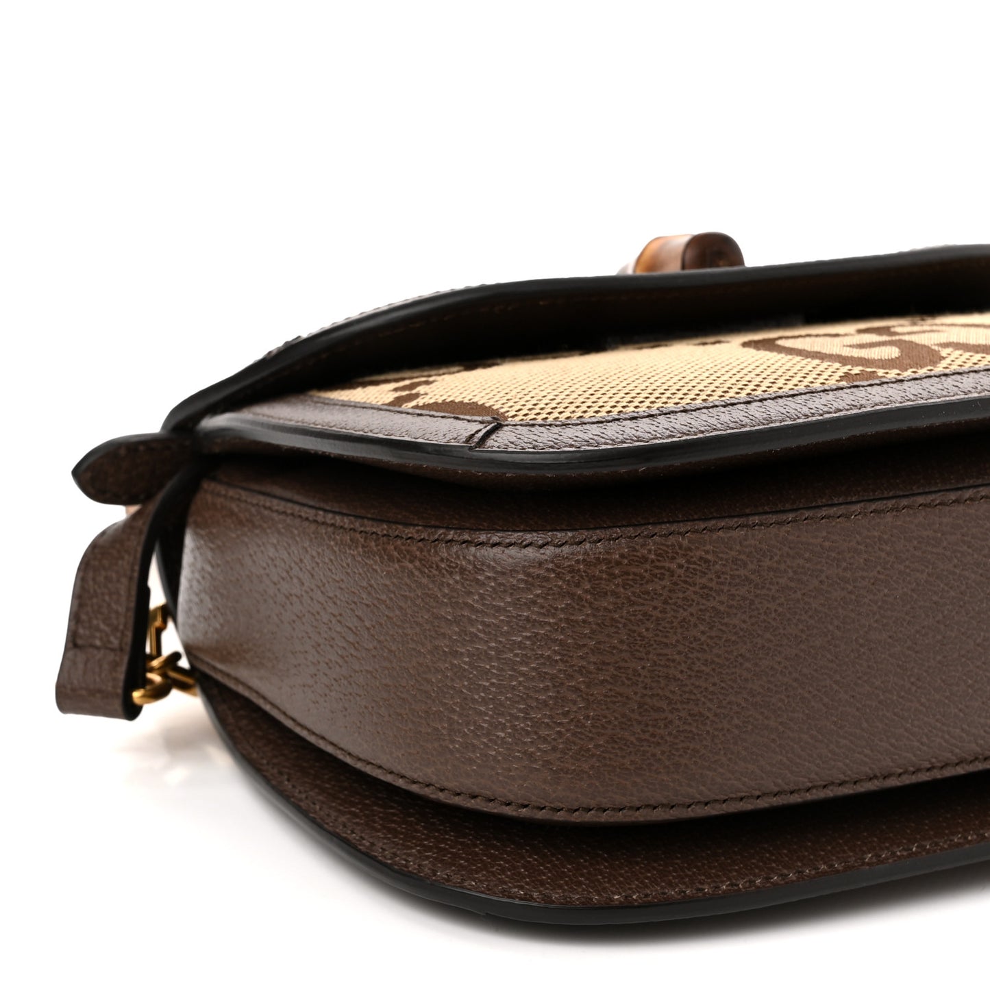 Monogram Jumbo GG Textured Dollar Calfskin Web Small Bamboo 1947 Top Handle Bag Camel Ebony New Acero