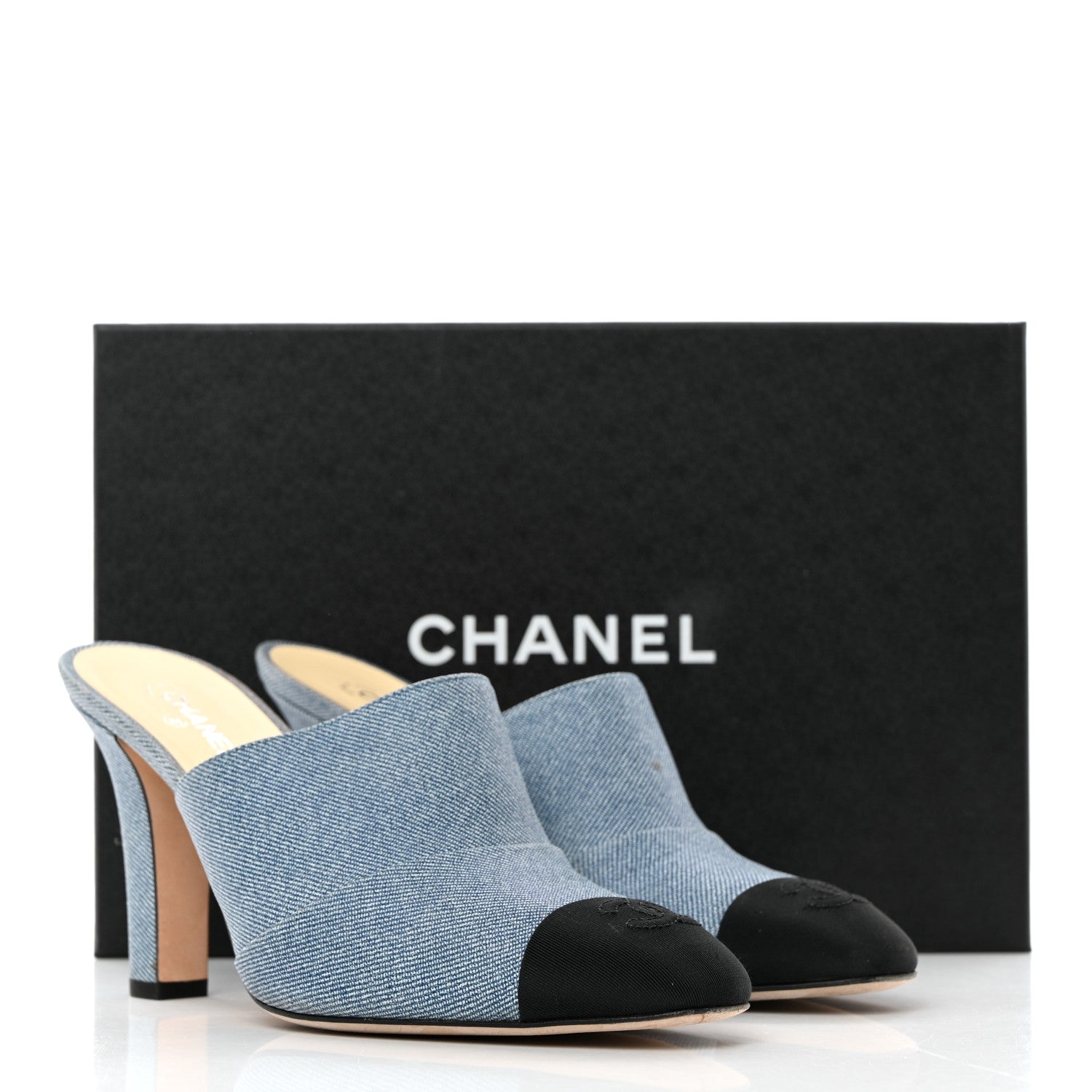 Chanel Printed Lambskin Grosgrain Cap Toe CC Mules 39 Blue Black 9 of 9