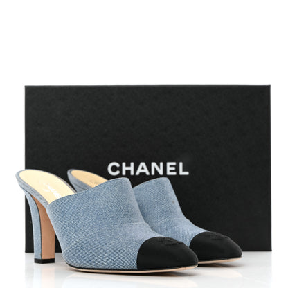 Chanel Printed Lambskin Grosgrain Cap Toe CC Mules 39 Blue Black 9 of 9