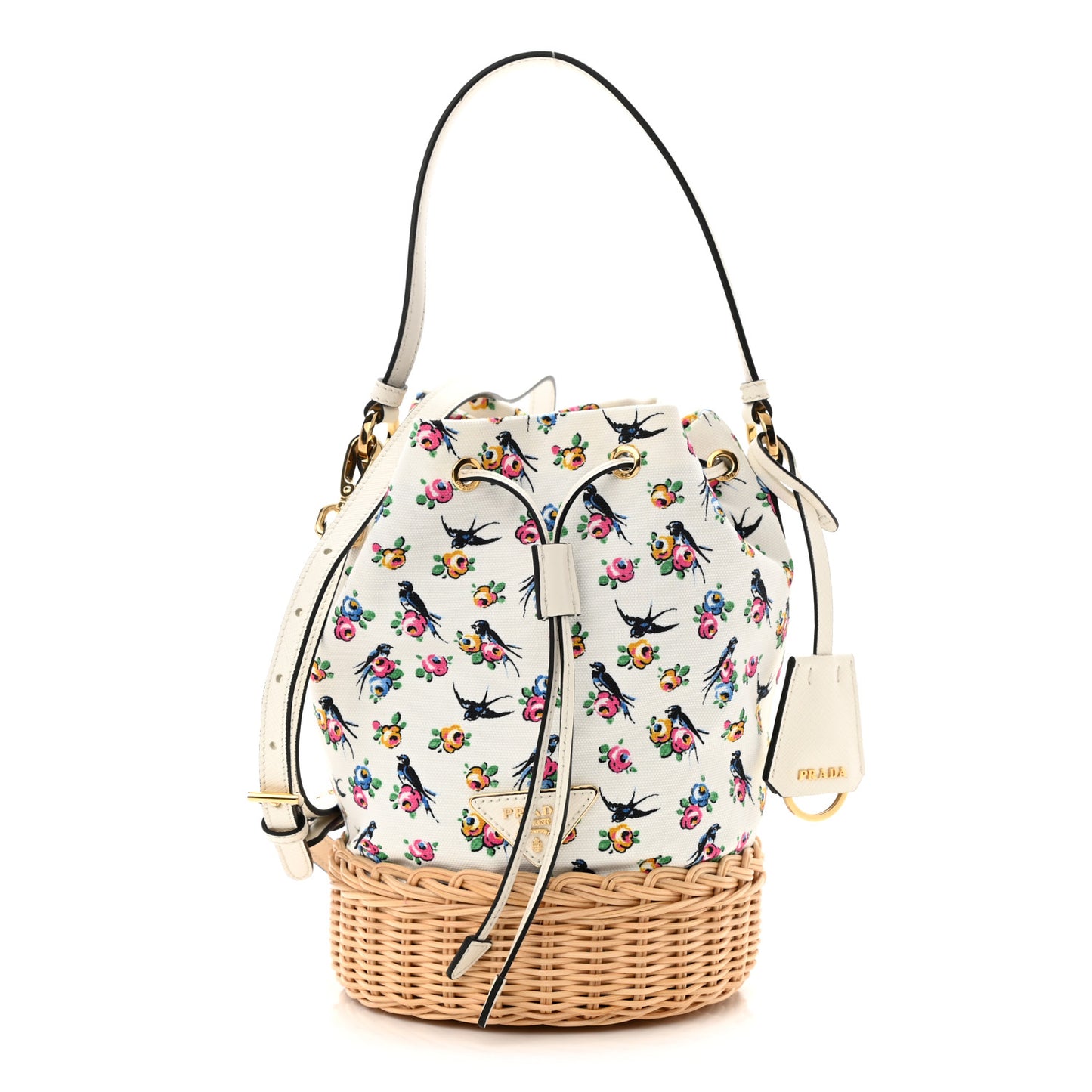 Wicker Canvas Floral Print Bucket Bag White Multicolor